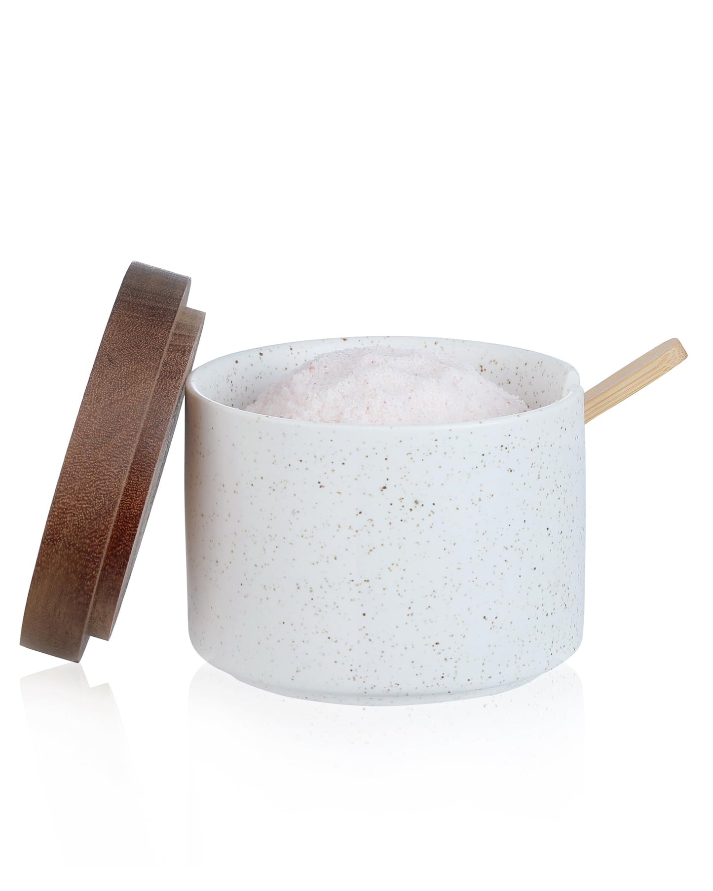 Omifun Ceramic Salt Cellar with Lid and Wooden Spoon, 8 Oz Speckled Salt Holder, Storage Canister for Sea Salt, Pepper, Spices, Herbs and Sugar