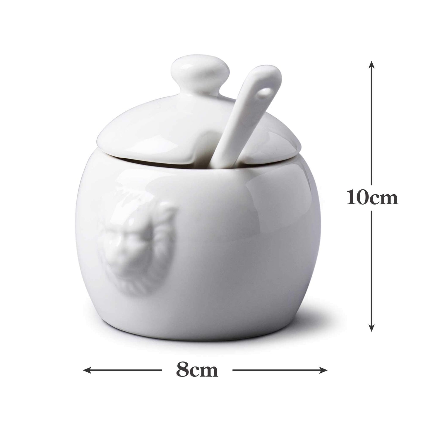 WM Bartleet & Sons – Traditional Porcelain Mustard/Jam/Sugar Pot, Lion Head Design Storage Pot with Serving Spoon and Lid (8cm). Made From 100% Porcelain – Classic Smooth Finish, White
