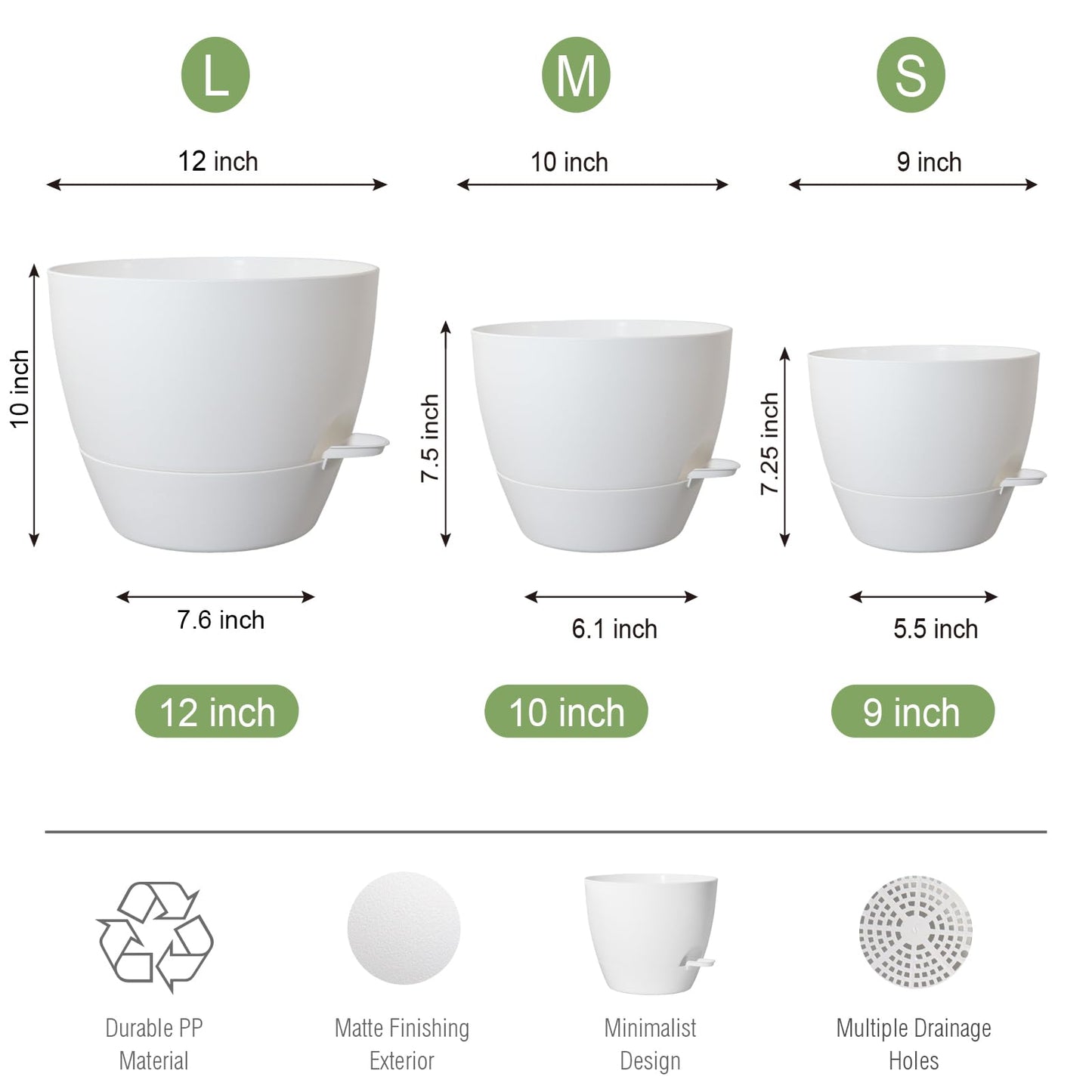 UOUZ Large Self Watering Pots, 12/10/9 Plastic Planters with High Drainage Holes and Deep Reservoir for Indoor Outdoor Garden Plants and Flowers, White