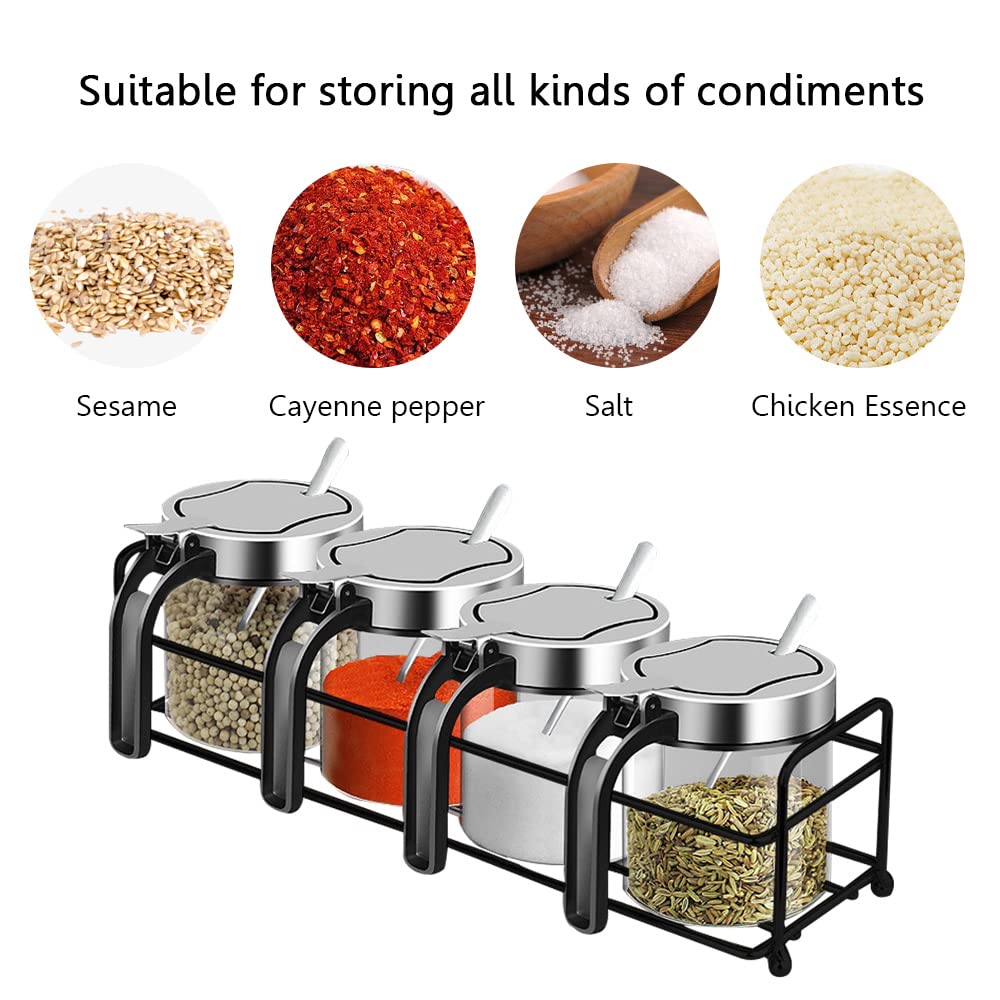 YMYL 4 Pcs Glass Condiment Jars Spice Containers with Stainless Steel Lids, Serving Spoon and Base Rack, 10oz Clear Seasoning Jars Coffee Sugar Pepper Salt Bowls for Kitchen Organization (4 Jars Set)