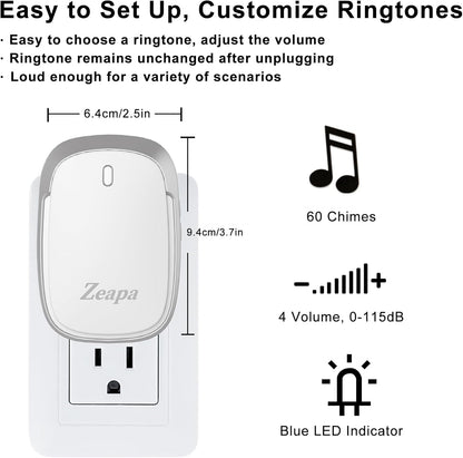 Wireless Doorbells, Plug-in, Battery Powered, Easy to Install, 1300 Ft Range, 60 Chime, LED Flash, Waterproof, Differentiate Various Doors, Silver, 2 Transmitter & 2 Receiver for Home, Office