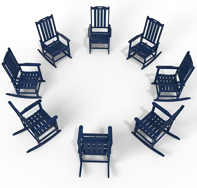 Oversized Rocking Chair Set of 8, Outdoor Rocking Chair for Adults, All Weather Resistant Porch Rocker for Lawn Garden, Navy Blue