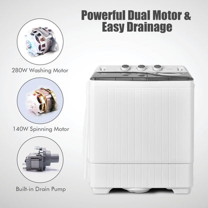 COSTWAY Portable Washing Machine, Twin Tub 26lbs Capacity Laundry, 18lbs Washer and 8lbs Spinner Combo with Timer Knobs, Built-in Drain Pump, Compact Washer for Home Dorm Apartment (Grey+White)