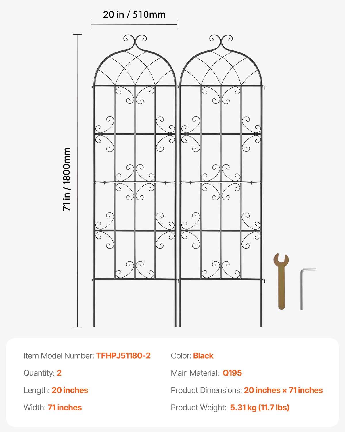 VEVOR 71 x 20 in, 2 Packs Rustproof Metal Garden Flower Trellis, Outdoor Climbing Rose & Cucumber Support, Decorative Clematis Trellis for Courtyards & Lawns