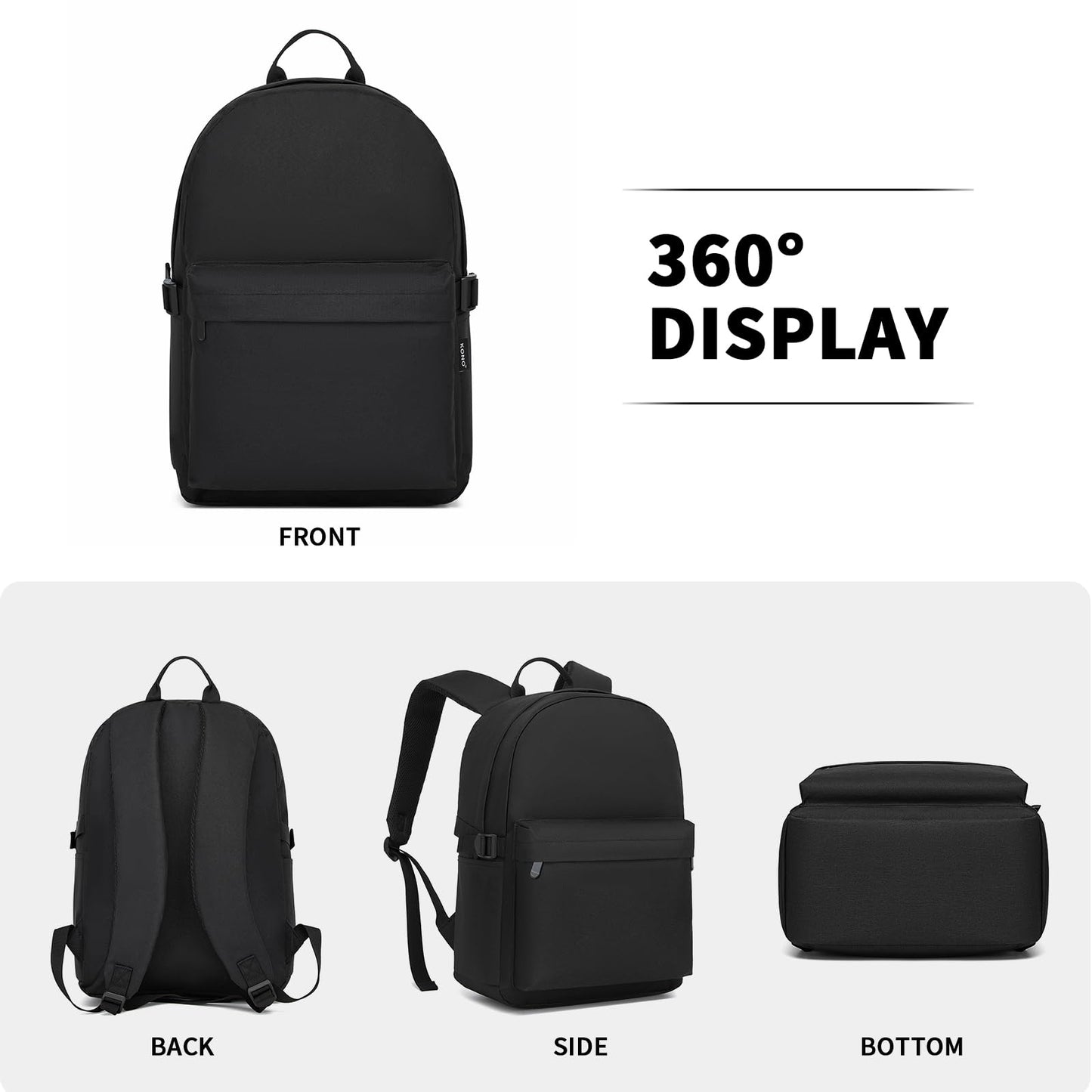 Kono School Backpack Casual Daypack School Bags for Girls Boys Bookbag Lightweight Travel Rucksack Work Bag for Men Women (Black)