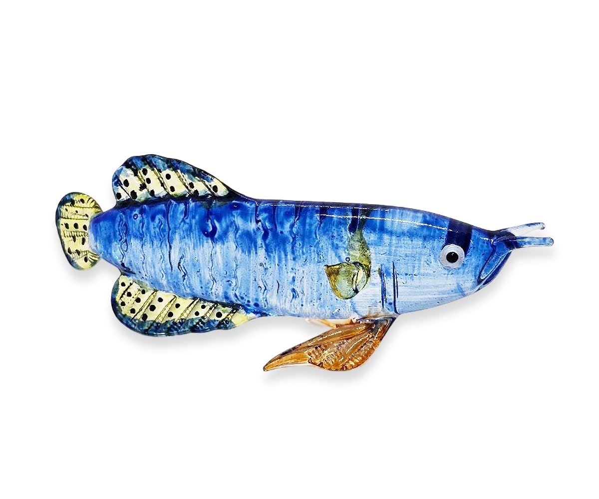 WitnyStore 4" Dark Blue Yellow Arowana Fish Artistic Blown Glass Figurine Premium Hand-Blown Statue Tabletop Decoration Unique Collectible for Adult Collectors Handcrafted Elegant Home Room Decor