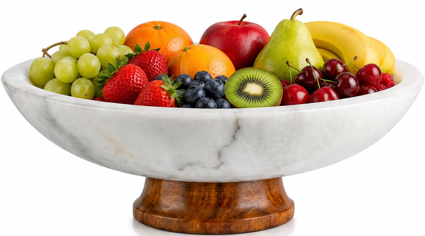 White Marble Fruit Bowl with Pedestal, 11" Large Decorative Centerpiece Bowl for Dining Table, Modern Kitchen Counter Fruit Bowl, Handcrafted Stone Marble Bowl, Luxury Home Decor Accent