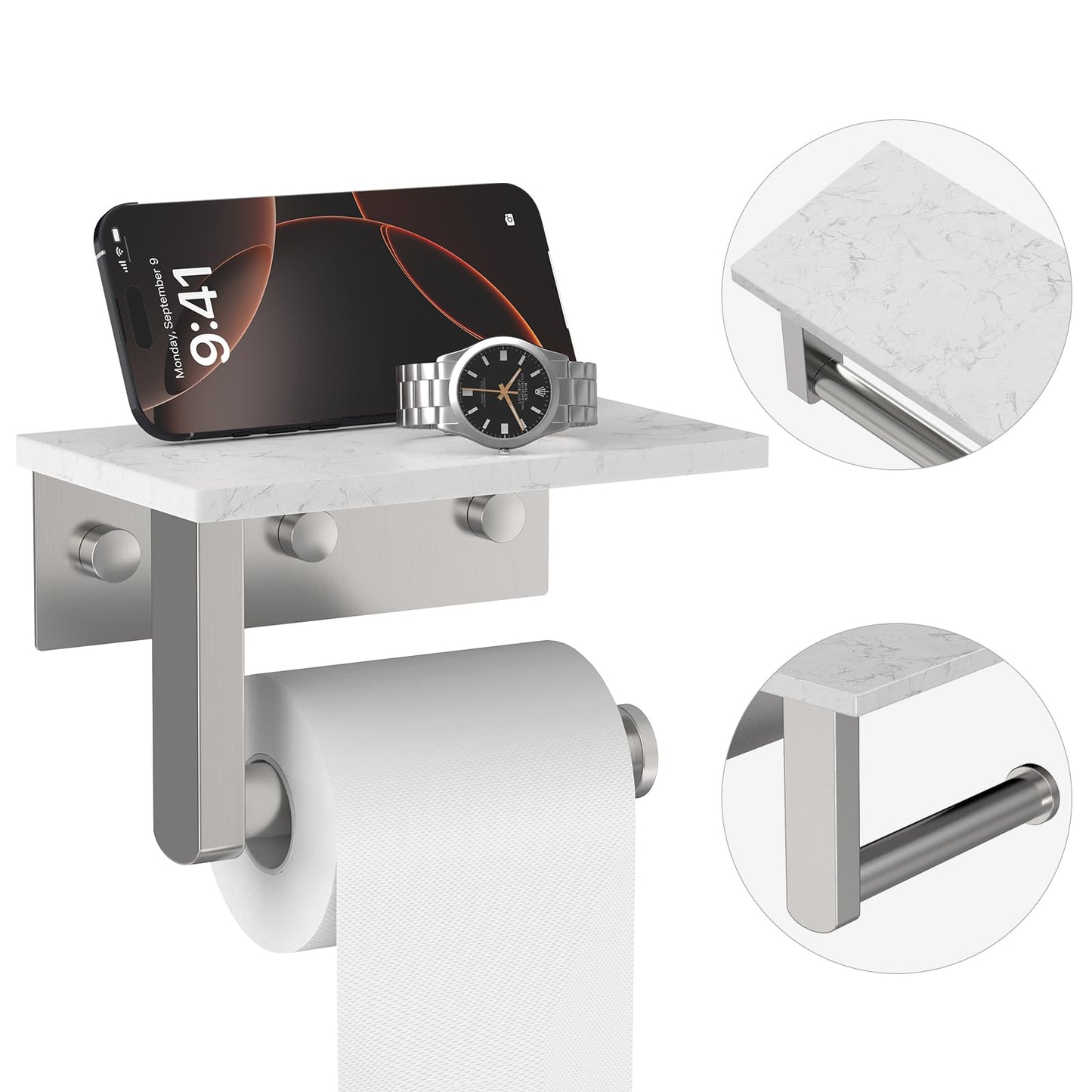 BATHLAVISH Toilet Paper Holder with Marble Shelf, 304 Stainless Steel Tissue Hand Holder Wall Mounted Toilet Paper Roll Hold with Phone Shelf for Bathroom Kitchen Washroom Bedroom, Brushed Nickel