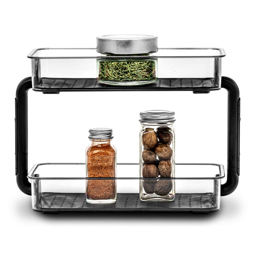 madesmart Tiered Spice Organizer, 8 Jars for Kitchen Essentials, Maximizes Vertical Storage for Salt, Pepper, Cayenne, Soft-Grip Lining, Dual Handles, Carbon