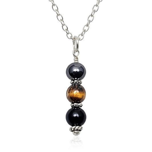 EnCharmed Antique Silver Triple Protection Necklace, Handmade Healing Jewelry for Luck Prosperity Happiness, Natural Hematite Tiger Eye and Black Obsidian Pendant, Spiritual Gift for Men or Women