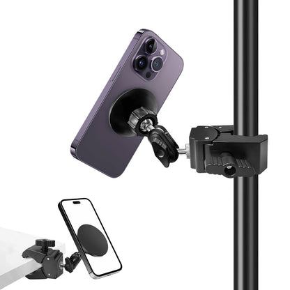 Khazylorr Mic Stand Phone Holder, for MagSafe Clamp Mount Phone Holder Handlebar, 360° Swivel Magnetic Microphone Stand Phone Mount Clip for iPhone 16 15 14 MAX Pro Samsung Galaxy Any Smartphones