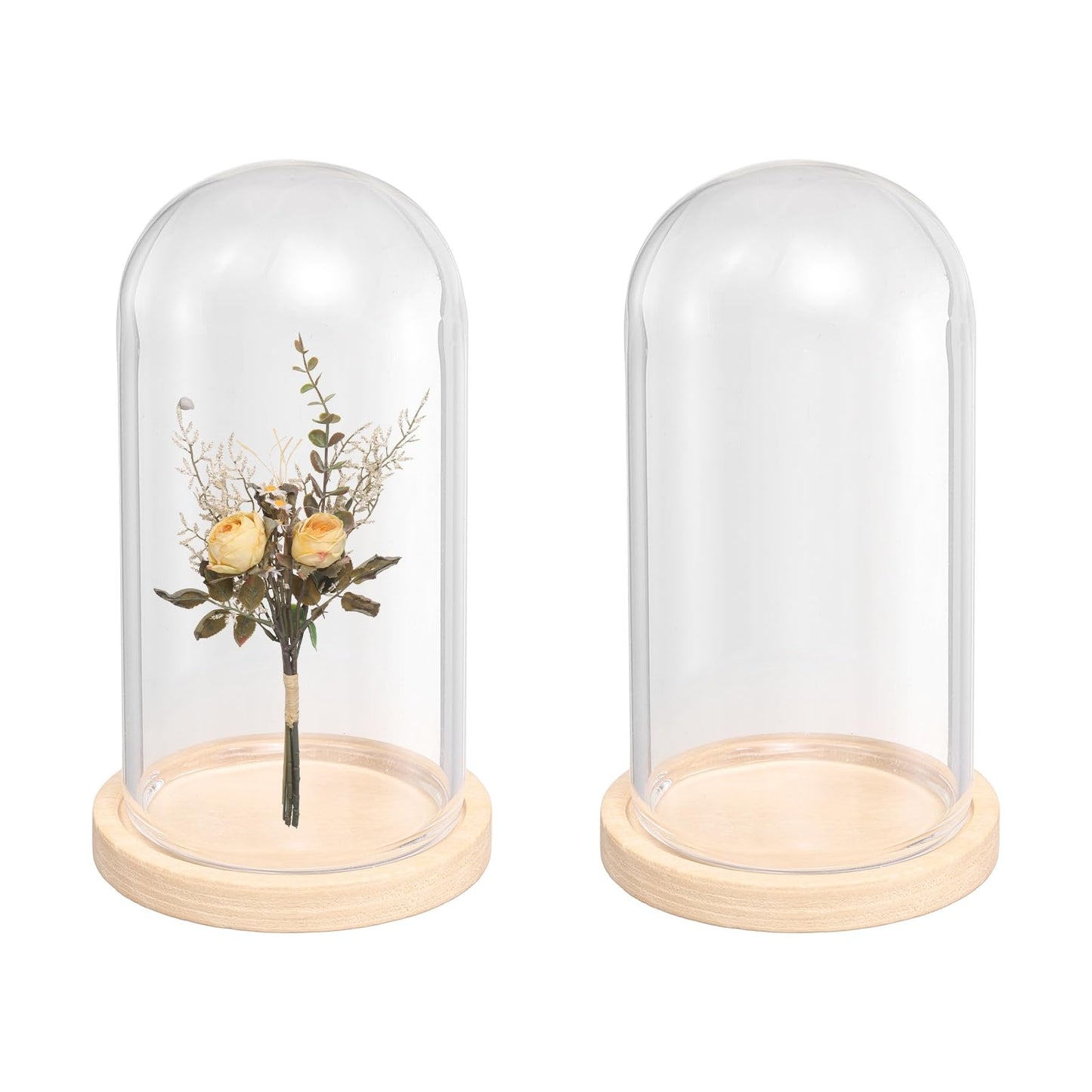 uxcell 4Pcs Glass Display Dome, 1.4" x 2.5" Clear Cloche Glass Dome Decorative Bell Jar with Wooden Base for Collectibles Display Candle Tabletop Centerpiece Plants Wedding, Beige