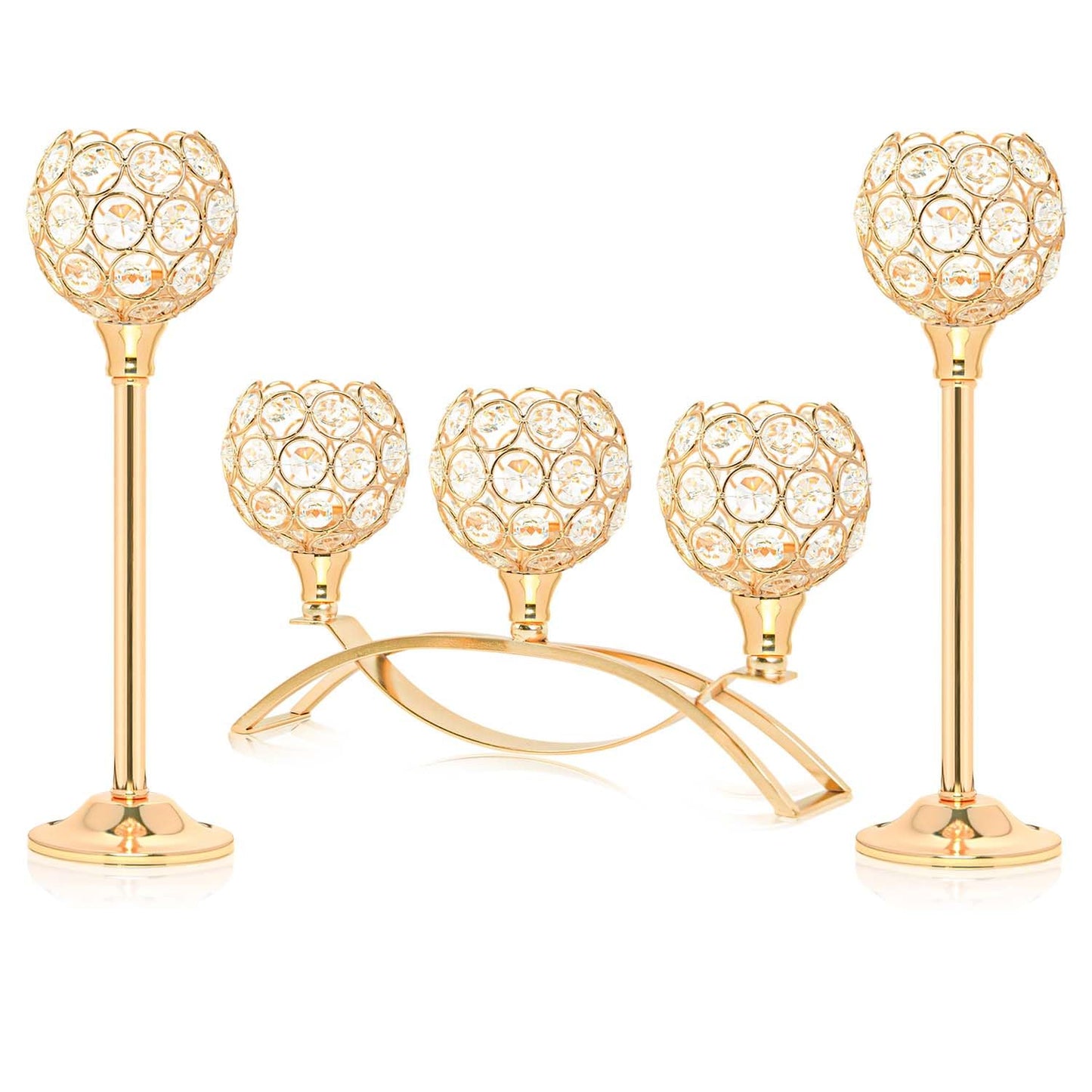 Crystal Tealight Candle Holder Centerpiece Home Decorative Candlestick Holder Elegant Table Centerpiece Home Decor Wedding Party Anniversary (Gold, Set of 3)