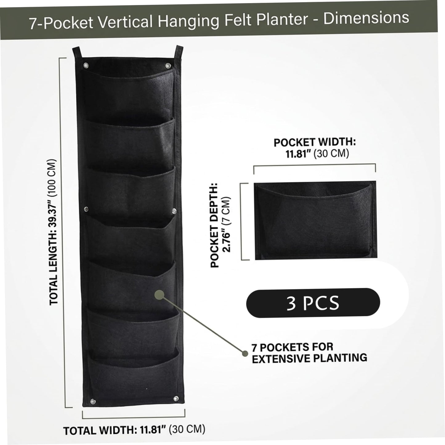 Bonalake Vertical Garden Planter, 3 Pack Felt Wall Hanging Planter with 7 Pockets, Breathable Fabric Vertical Gardenr for Indoor Outdoor Wall Decor, Black, 12x39in