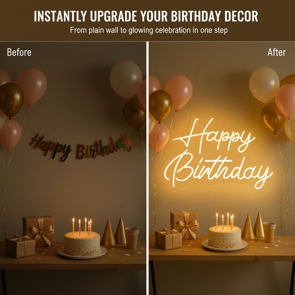 Happy Birthday Neon Sign, 22×16.9 Inch Large Warm White Dimmable LED Light Up Sign, Neon Happy Birthday Banner Backdrop for Party Wall Decor