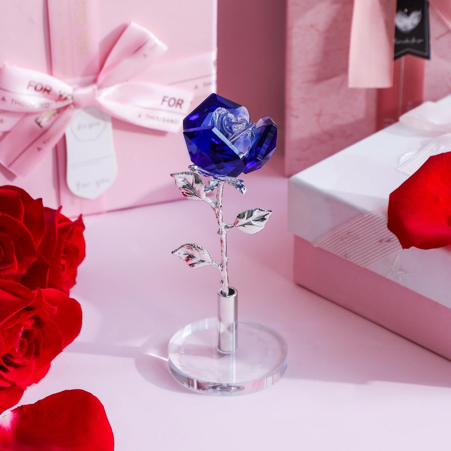 DLXK Crystal Flower Rose Figurine Faceted Glass Rose Statue Engraved Base Gift for Her Collectible Ornament Home Decor (Blue)