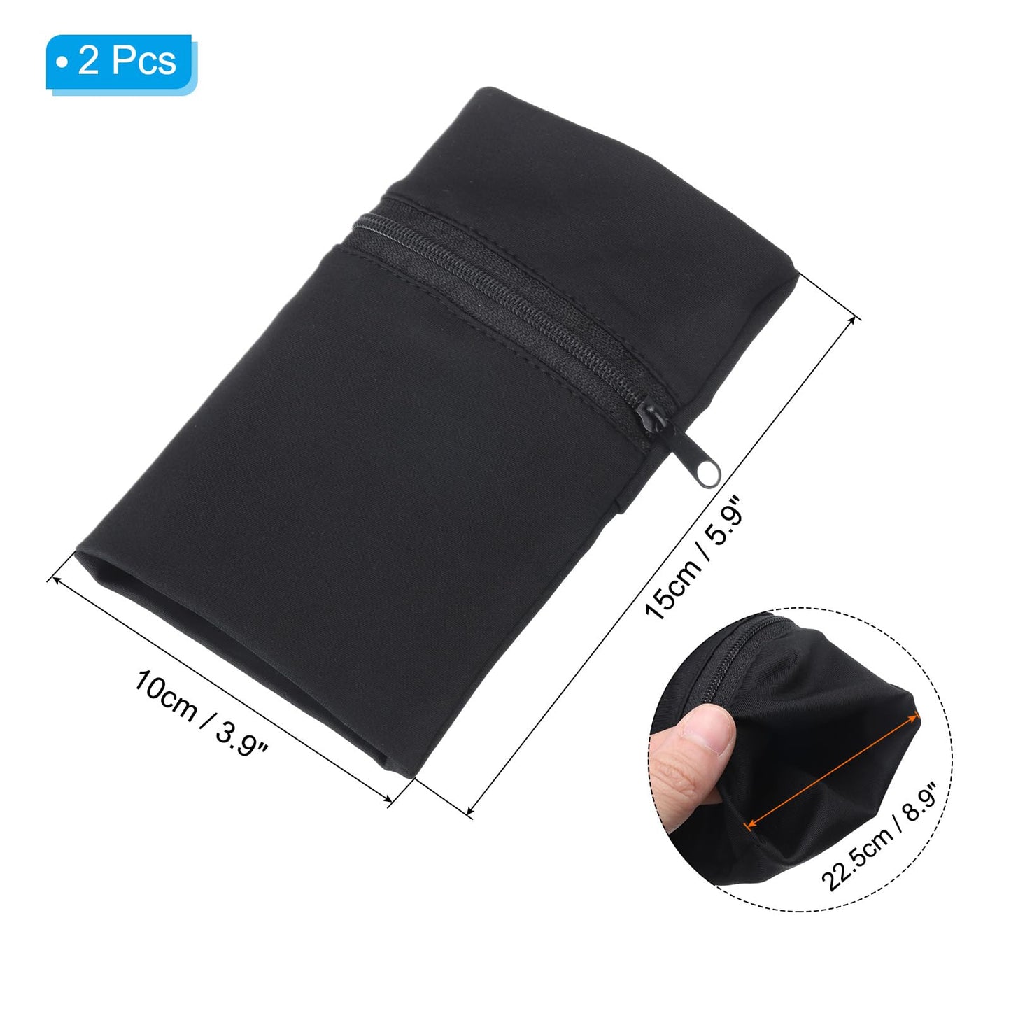 PATIKIL 6"x 4" Wrist Pouch, 2 Pcs Wrist Wallet Sports Wristband Wallet with Zipper Pocket for Running Jogging Hiking Cycling Yoga, Black