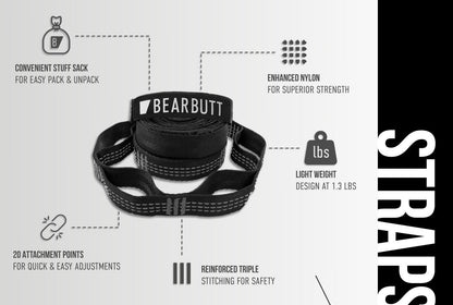 Bear Butt Kodiak Hammock Straps For Trees - 20 Feet Long Hammock Tree Straps - 40 Combined Loops - Holds 1000 Pounds - Camping Hammock Straps - Hammock Tree Straps With Carabiner - Hammock Accessories