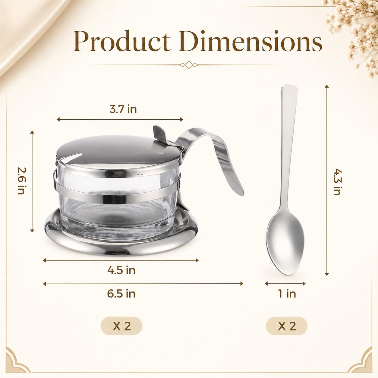 2 PCS Stainless Steel Salt Server with Spoon, Glass Salt Cellar for Countertop, Heavyweight Seasoning Jar Set with Flip Lid, Elegant Sugar Pepper Container for Home Kitchen Baking Station