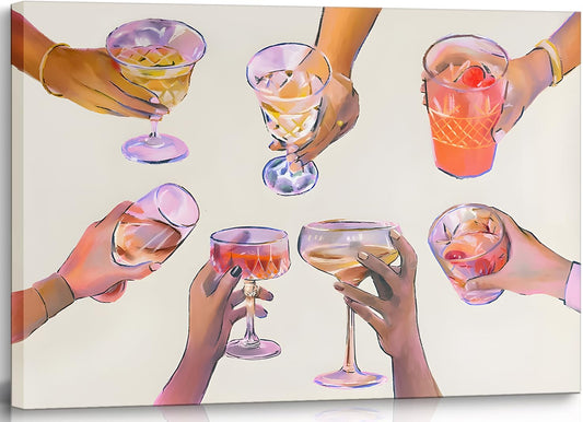 Framed Bar Cart Wall Art Cheers Cocktail Canvas Wall Decor Vintage Trendy Alcohol Drinks Pictures Funky Prints Poster Colorful Champagne Girly Preppy Artwork for Kitchen Bar Home Decorations 12x16in