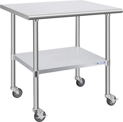 Hally Stainless Steel Table for Prep & Work 30 x 36 Inches with Caster Wheels, NSF Commercial Heavy Duty Table with Undershelf and Galvanized Legs for Restaurant, Home and Hotel