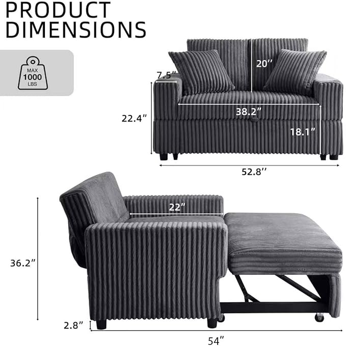 3 in 1 Convertible Sofa Bed，52.8" Pull Out Couch