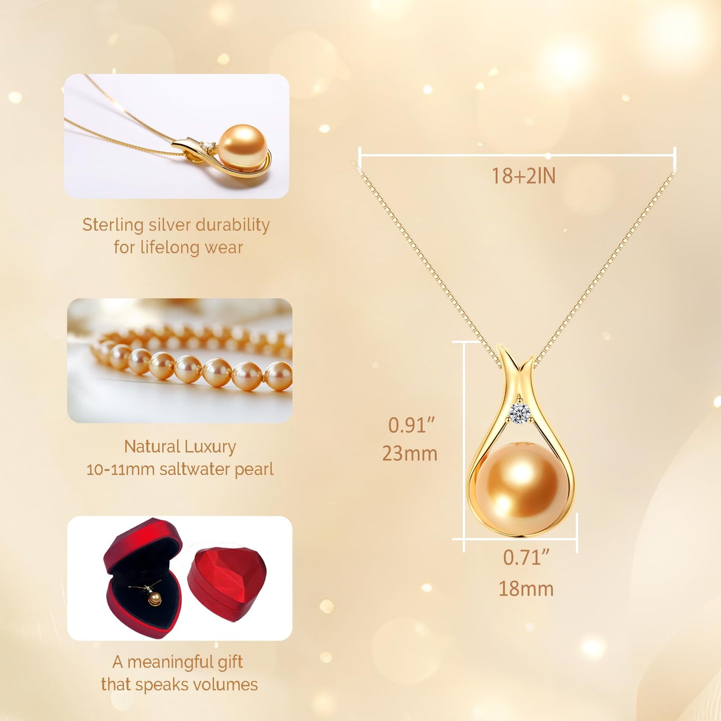 YAMI Akoya Golden Pearl Necklace 10-11mm Saltwater Cultured Pearl Jewelry with 925 Sterling Silver Adjustable Chain for Women, Mom, Wife, Luxury Gift for Birthday, Mother's Day, Anniversary