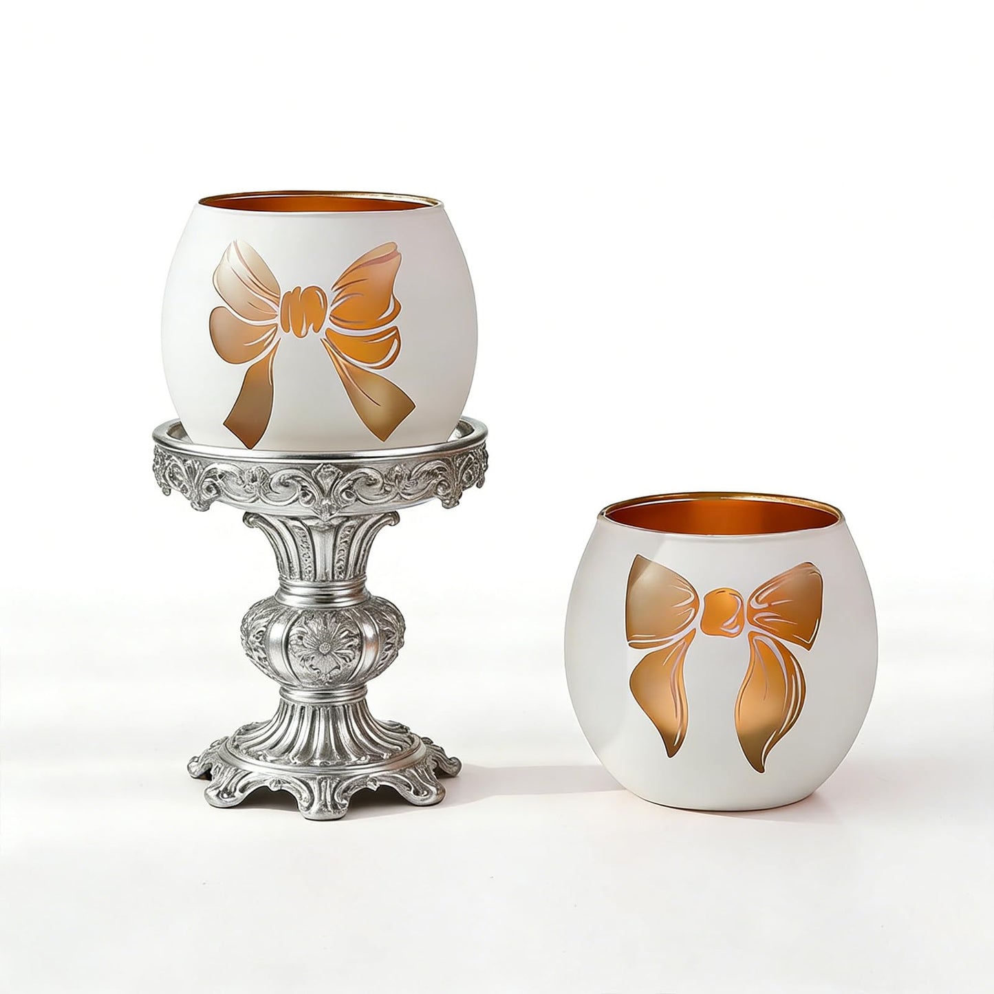 White Glass Candle Holder with Bow, Elegant Ribbon Votive Tealight Candle Holder for Wedding Centerpieces, Easter Table Decorations, Aesthetic Home Decor Gift