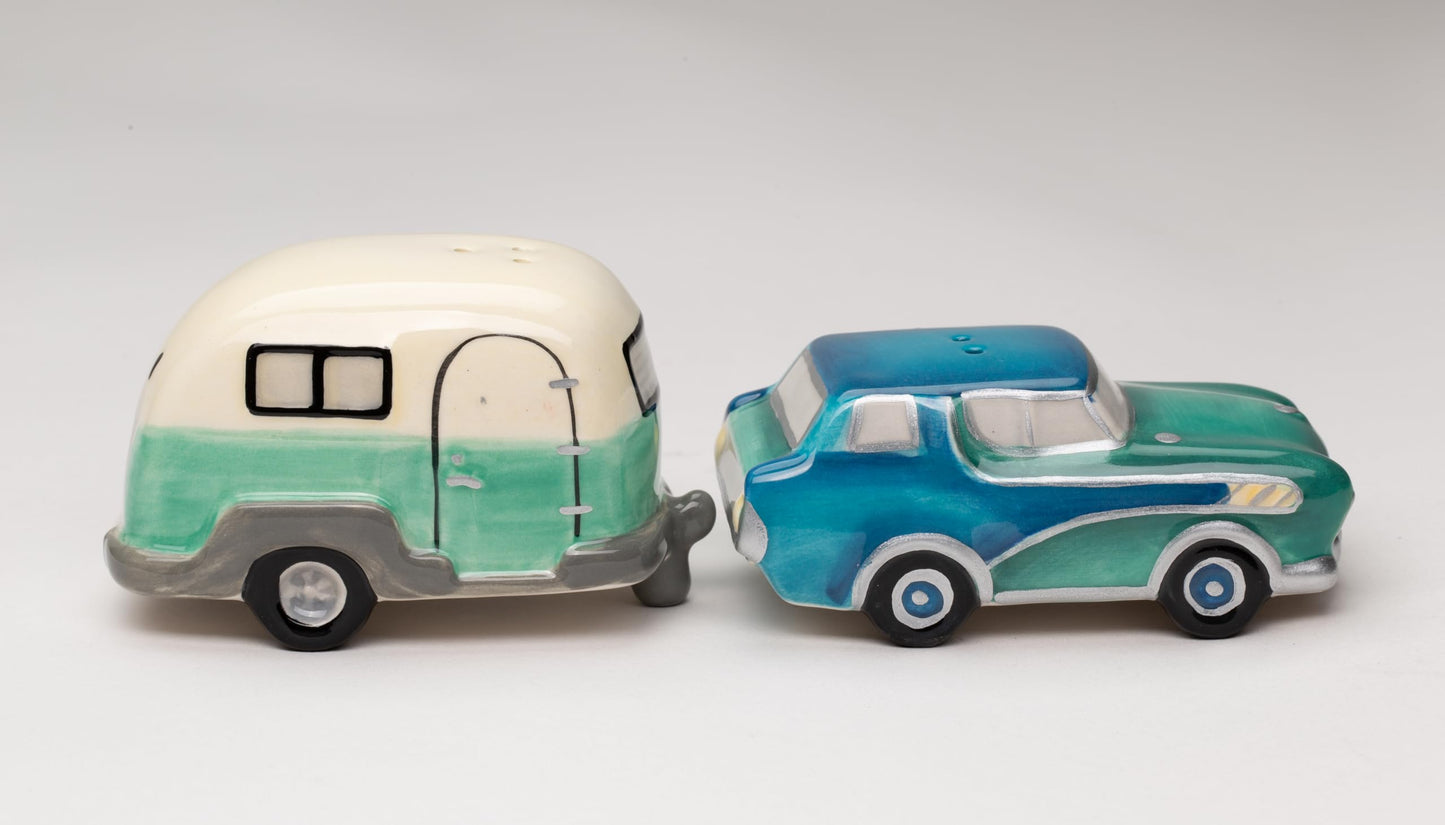 Fine Ceramic Happy Camper Car with Camping Trailer Salt and Pepper Shakers Set