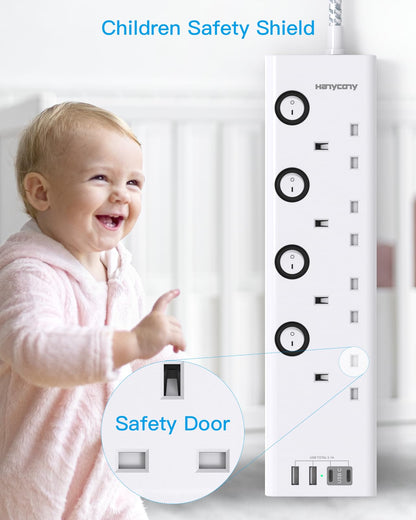 Extension Lead with USB Slots(2 USB C), HANYCONY 4 Way Plug Extension Socket with Individual Switches, 1.8M Extension Cable, Wall Mount Extension Cord, Desk Power Strip for Bedroom Office Accessories