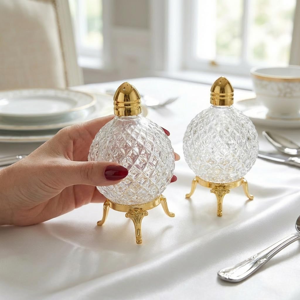 Crystal Glass Salt and Pepper Shakers with Gold Metal Stand and Lid, Diamond Cut Design, 4.33 Inches Height, 2 Piece Set
