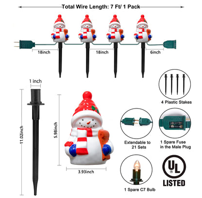 Christmas Snowman Pathway Stakes Lights 7Ft C7 Outdoor Landscape String Light with 4 Snowman Driveway Markers(E12 Base 5w) for Patio Yard Garden Lawn Decoration 1 Pack, White
