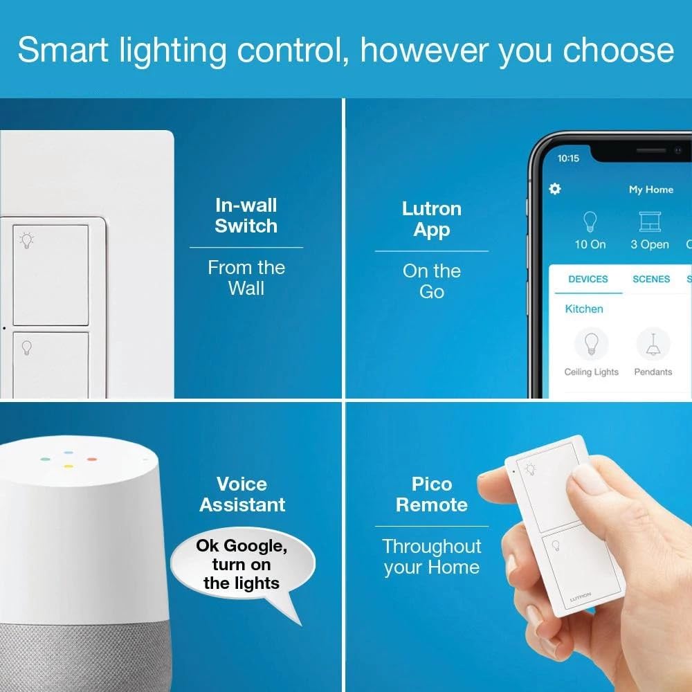 Lutron Caseta Smart Switch 3-Way Kit, with Pico Remote, Wallplate, Wall Bracket for LED Lights and Fans, 5 Amp, Neutral Required, P-PKG1WS-WH