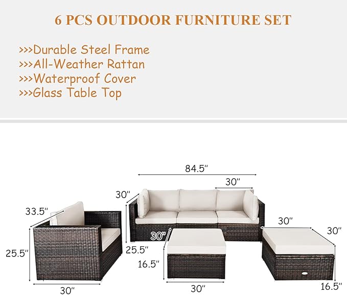 Tangkula 6 Pieces Wicker Patio Furniture Set, PE Rattan Outdoor Sectional
