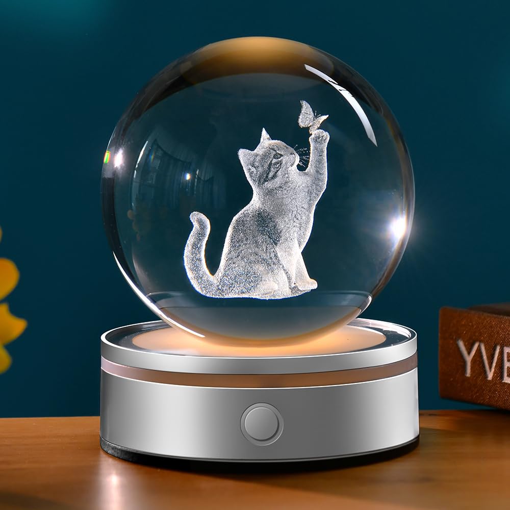 ZRENJHUS 3D Cat Crystal Ball Gifts for Women 80mm Cat Lover Gift for Her Glass Sphere Kitten Night Light with 12 Colorful Modes Light Base