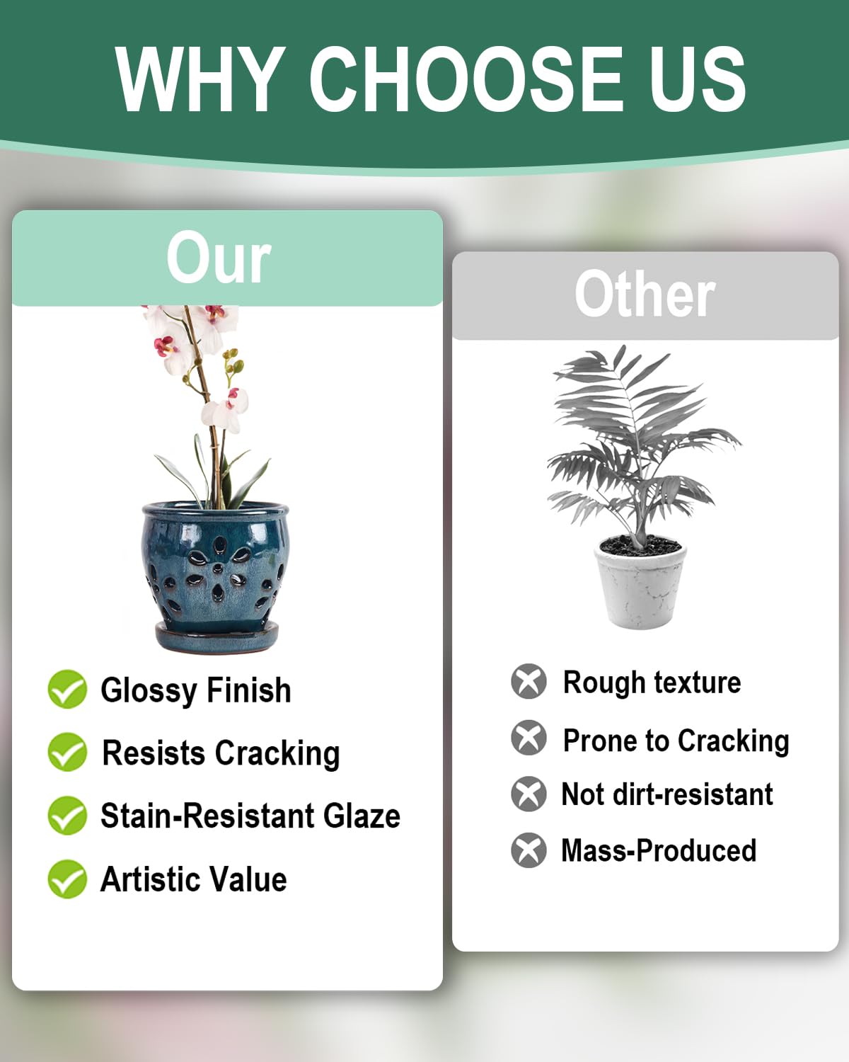 Vensovo 4 Inch Ceramic Orchid Pots with Drainage Holes and Saucers, 2 Pcs Small Planters for Orchids Succulents Repotting, Indoor Outdoor Ceramic Flower Pots for Healthy Root Growth (Blue, Blue Mixed)