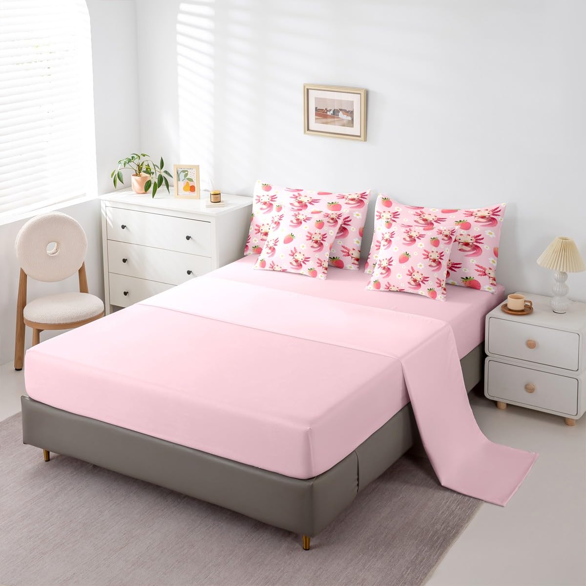 Erosebridal Strawberry Axolotl Queen Comforter Set Cute Pink Axolotl Bed in a Bag for Kids Girls Teens Cute Daisy Flower 7-Piece Bedding Set Kawaii Sea Animal Quilt Duvet Sets with Floral Design