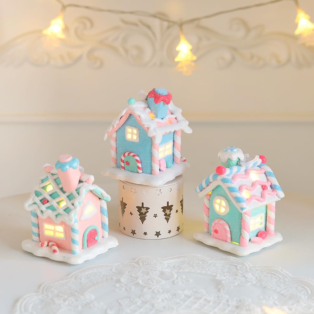 3Pcs Pastel Candy House Christmas Tree Ornaments with Lighted LED, Clay Gingerbread House Hanging Ornaments with Rope for Xmas Tree Holiday Party Home Decoration