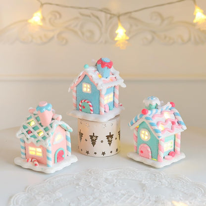 3Pcs Pastel Candy House Christmas Tree Ornaments with Lighted LED, Clay Gingerbread House Hanging Ornaments with Rope for Xmas Tree Holiday Party Home Decoration
