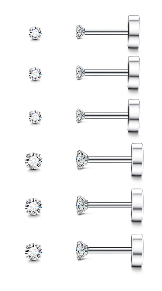 Fansilver 20G Hypoallergenic Flat Back Earrings for Women Men Silver 14K Gold Stainless Steel Stud Earrings Brithstone Cubic Zirconia Studs Surgical Steel Cartilage Earrings for Sensitive Ears