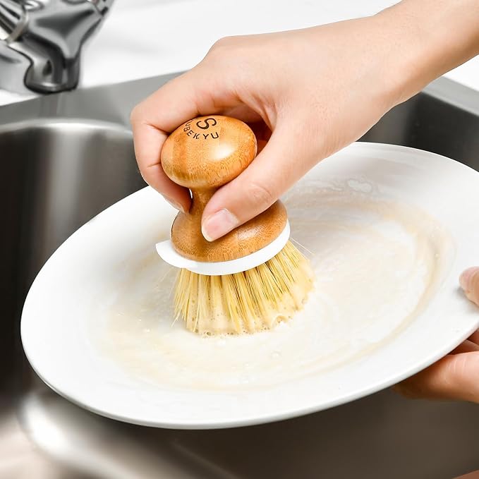 SUBEKYU Bamboo Dish Brush, Kitchen Dish Scrubber Brush, Natural Wooden