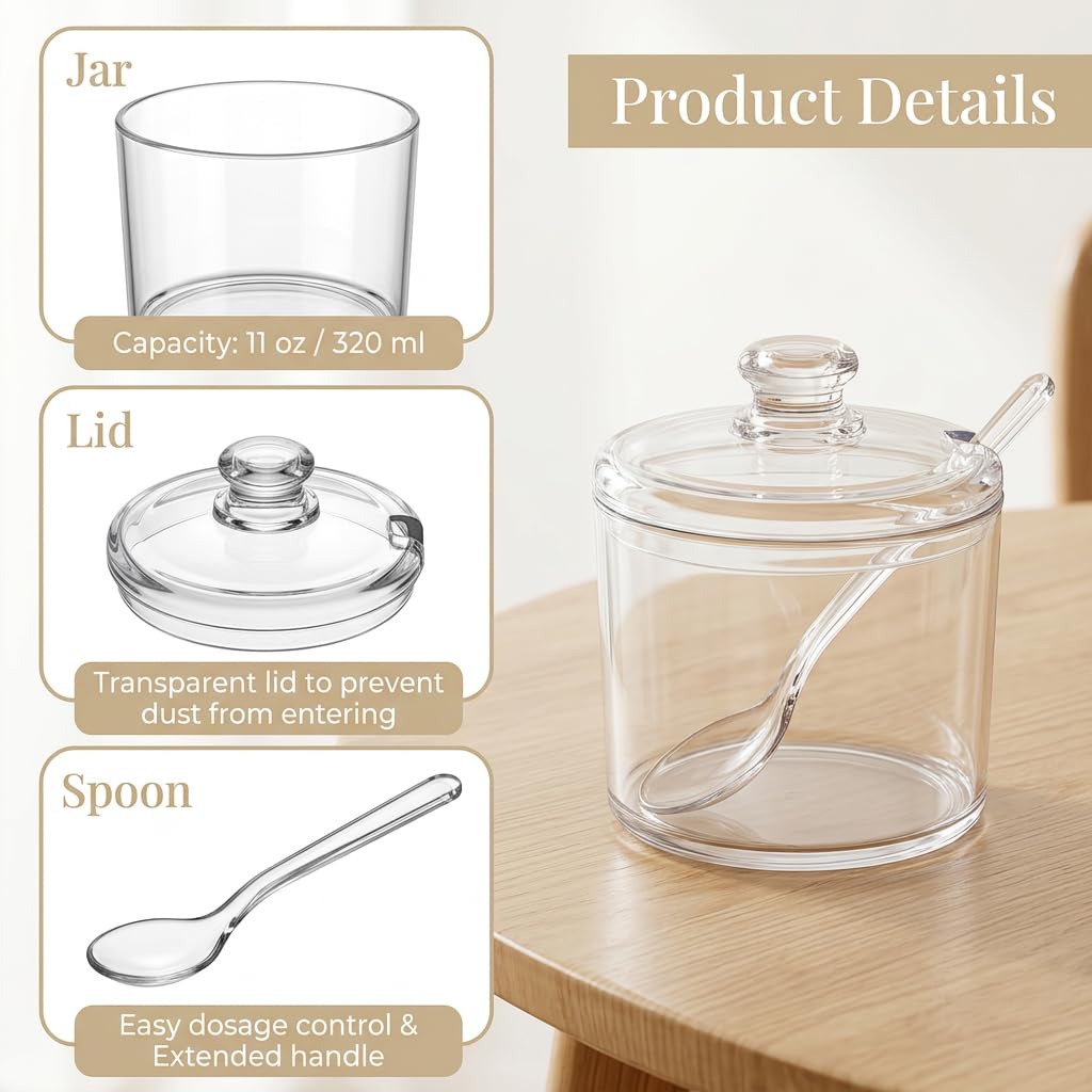 CACASO 12 Pcs Acrylic Sugar Bowls Containers, 11 oz Clear Lid Spoon Condiment Pots, Seasoning Box Storage Jar Coffee Bar Kitchen Spices Salt Tea