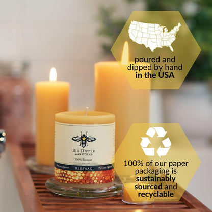 Big Dipper Wax Works 100% Pure Beeswax Pillar Candles (1 Pack) – 3" x 3.5" Handmade in USA, Long Burning Clean Soot-Free, Natural Honey Aroma, Eco-Friendly Cotton Wick, Home Décor & Meditation