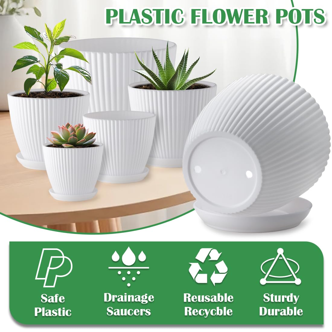 RooTrimmer 7.5/6.5/5.5/4.9/4.2/3.5 Inch Plant Pots with Drainage Holes and Saucer, Plastic Flower Pots for Indoor Plants, Lightweight Planter Pots for Plants, White