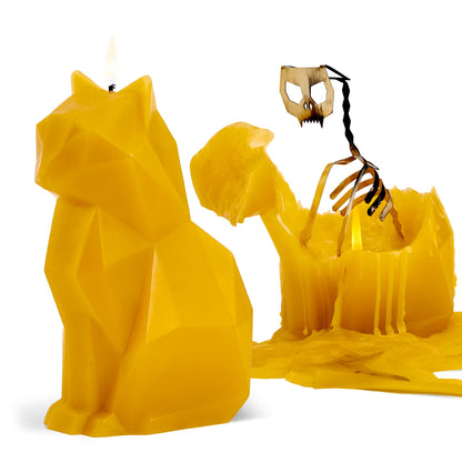 PyroPet Kisa Cat Candle Duo (Mustard Yellow & Burgundy) - Metallic Skeleton Design | Ideal Halloween Decor & Gift for Cat Enthusiasts | 20-Hr Burn Time Each