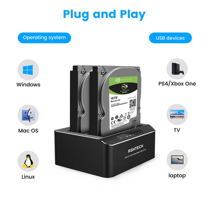 Hard Drive Docking Station, RSHTECH Aluminum Dual Bay SATA Hard Drive Dock for 2.5/3.5 Inch SATA I/II/III HDD SSD Support 2x 16TB Hard Drives,Offline Clone and UASP,Tool-free (RSH-DS01)