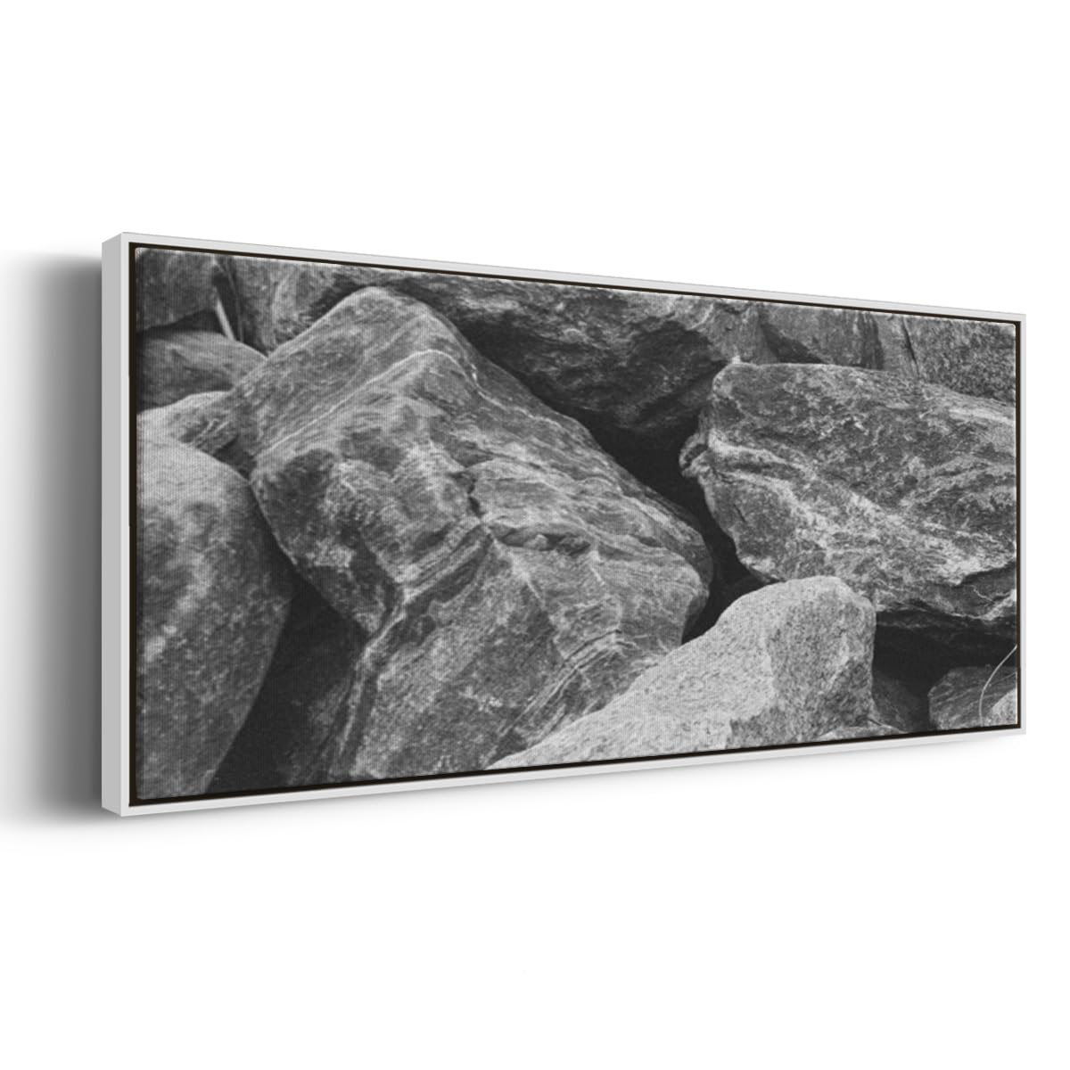 Renditions Gallery Floater Framed Home Décor Black Textured Rock Painting Canvas Hanging Decoration for Lounge Kitchen Bedroom - 20"x50" White Frame LT621