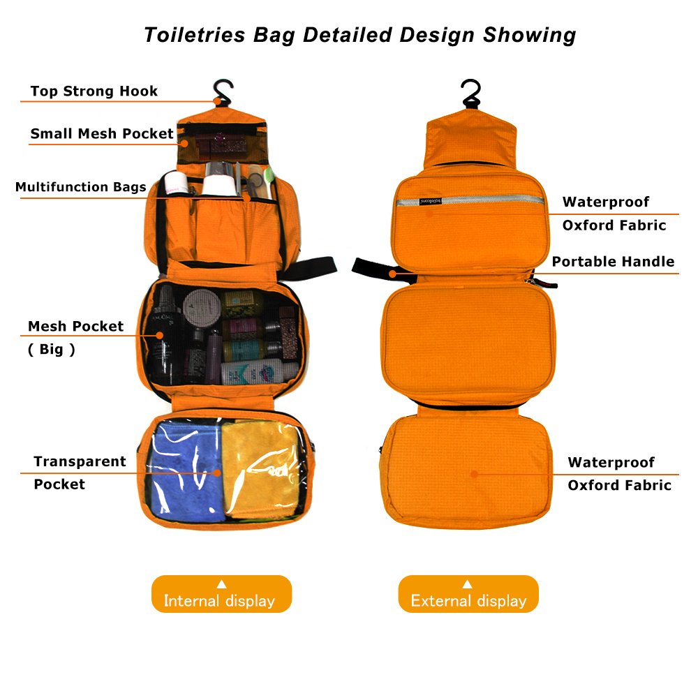 jiemei Hanging Toiletry Bag Waterproof, Travel Wash Bag for Men & Women with 4 Compartments, Foldable Compact Size, Super Durable Fabric