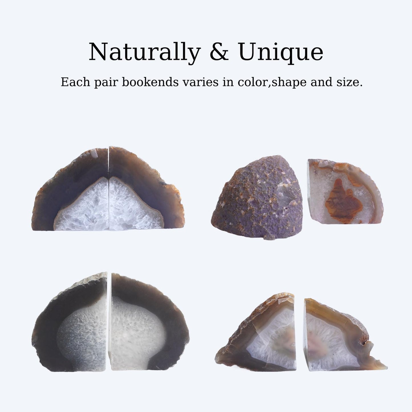 Sisamn Natural Agate Geode Bookends - 2 to 3 lb Heavy Duty Rock Crystal Stone Book Ends for Shelves, with Rubber Bumpers, Decorative Book Holders for Home Office