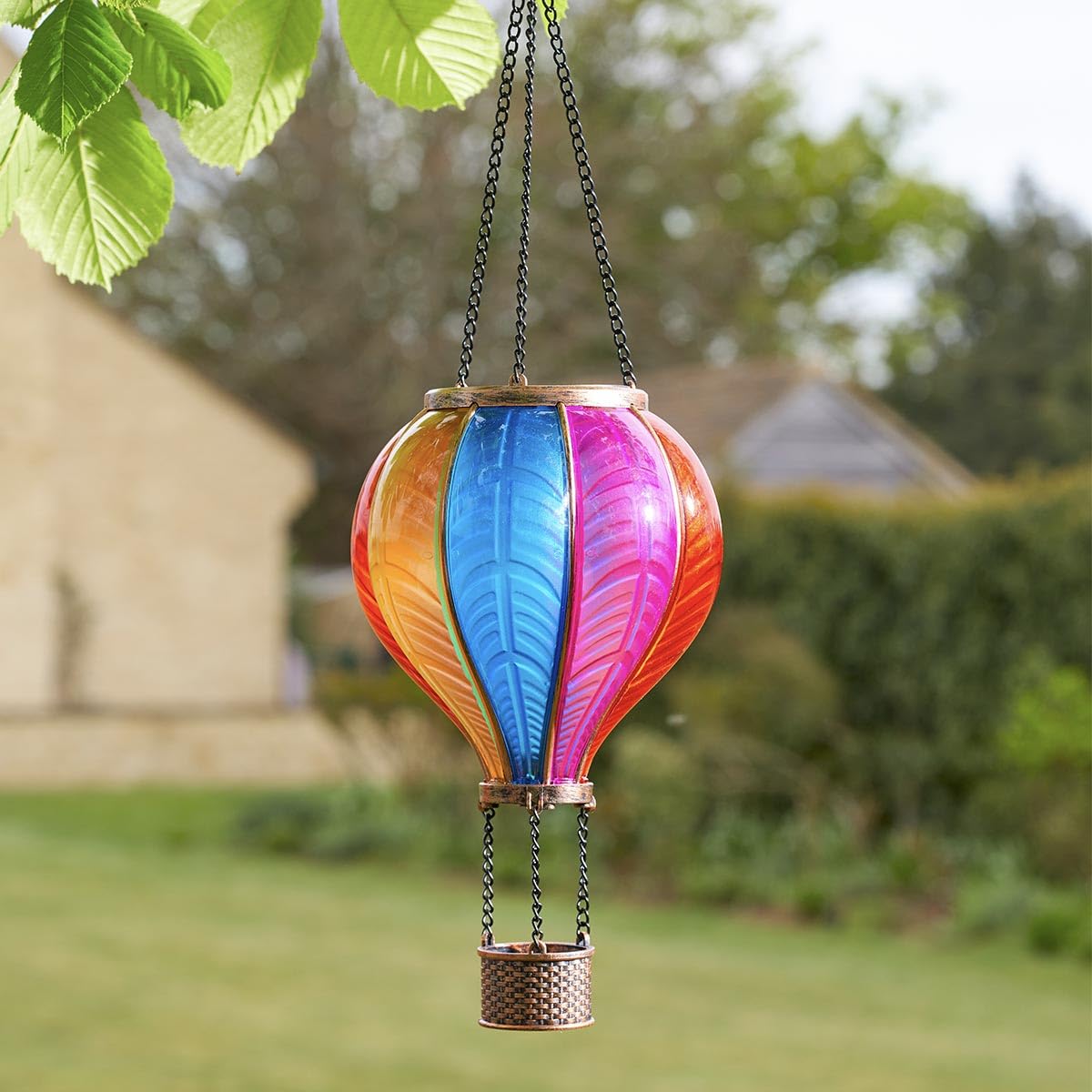 Festive Lights - 45cm Solar Power Rainbow Stain Cool Fiesta Realistic Flame Outdoor Hanging SMD LED Hot Air Balloon Lantern - Multicoloured Glass Effect Flaming Garden Light with Handle